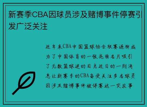 新赛季CBA因球员涉及赌博事件停赛引发广泛关注