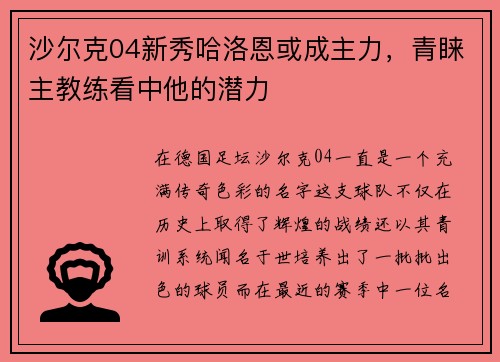 沙尔克04新秀哈洛恩或成主力，青睐主教练看中他的潜力